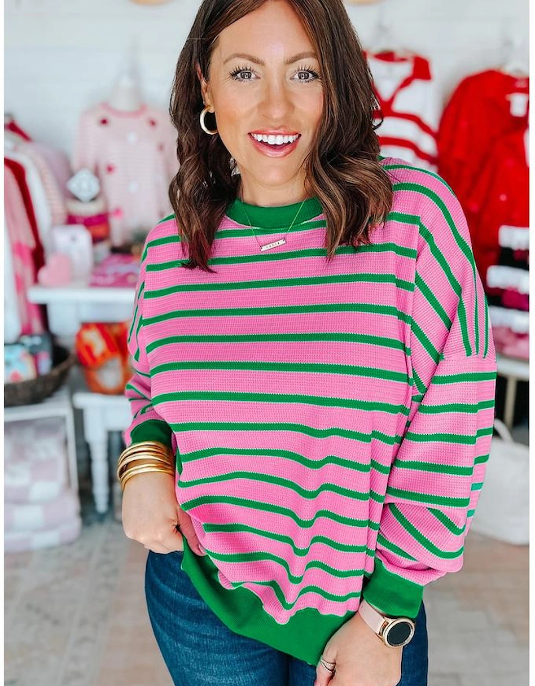Pink Stripe Waffle Knit Crew Neck Plus Size Sweatshirt