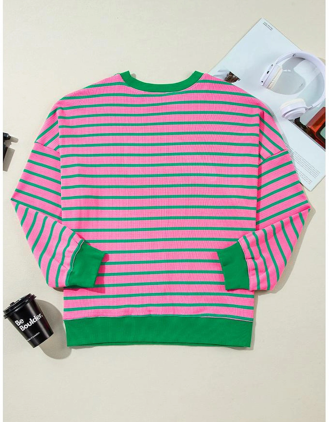 Pink Stripe Waffle Knit Crew Neck Plus Size Sweatshirt