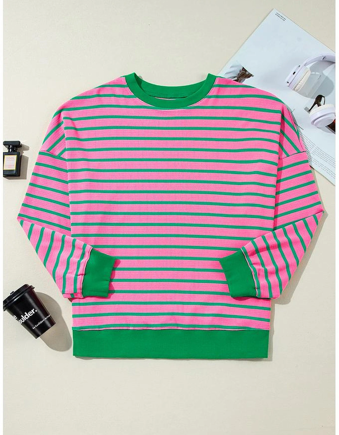 Pink Stripe Waffle Knit Crew Neck Plus Size Sweatshirt