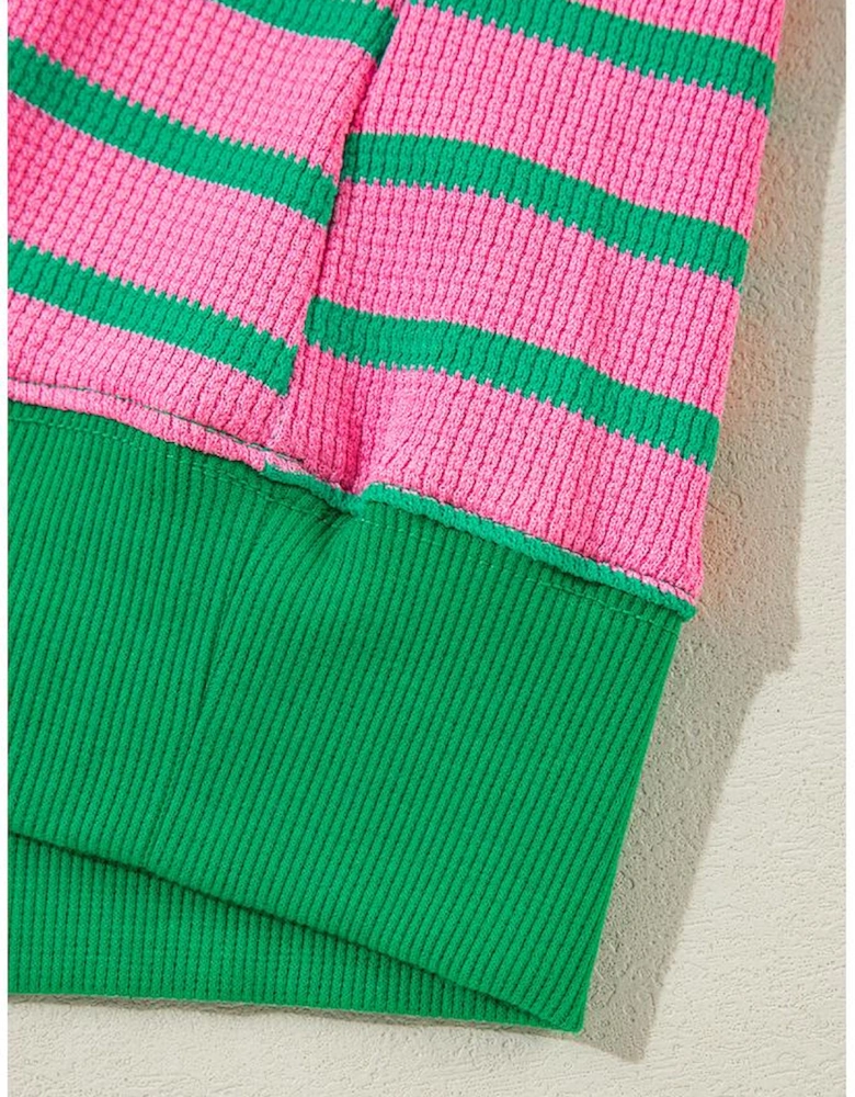 Pink Stripe Waffle Knit Crew Neck Plus Size Sweatshirt