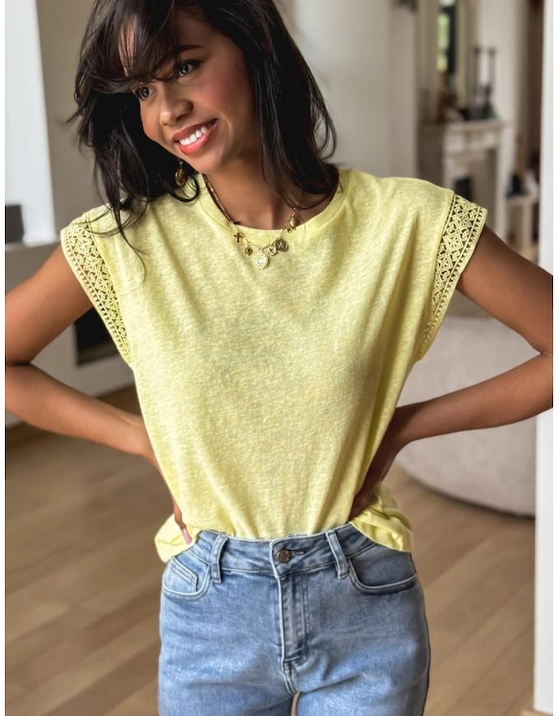 Yellow Cream Lace Patchwork Cap Sleeve Round Neck T Shirt