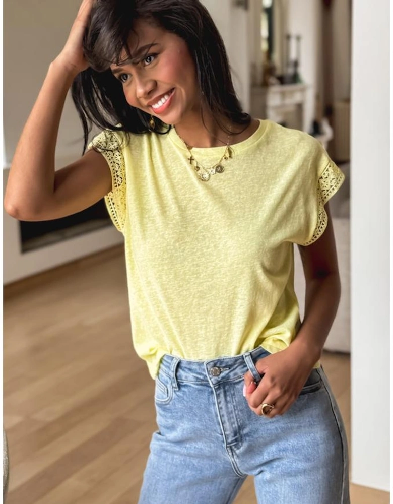 Yellow Cream Lace Patchwork Cap Sleeve Round Neck T Shirt