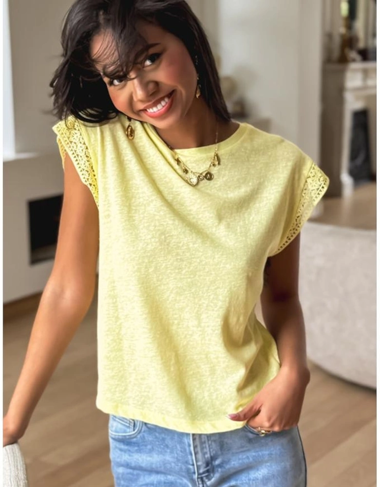 Yellow Cream Lace Patchwork Cap Sleeve Round Neck T Shirt