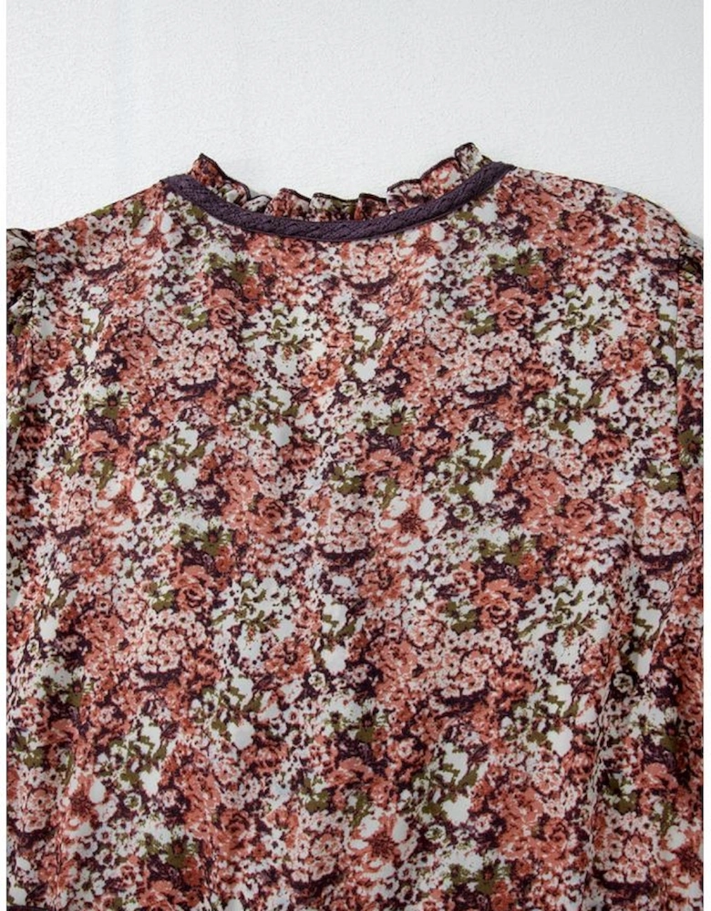 Brown Floral Print Split Front Tiered Frilled V Neck Midi Dress