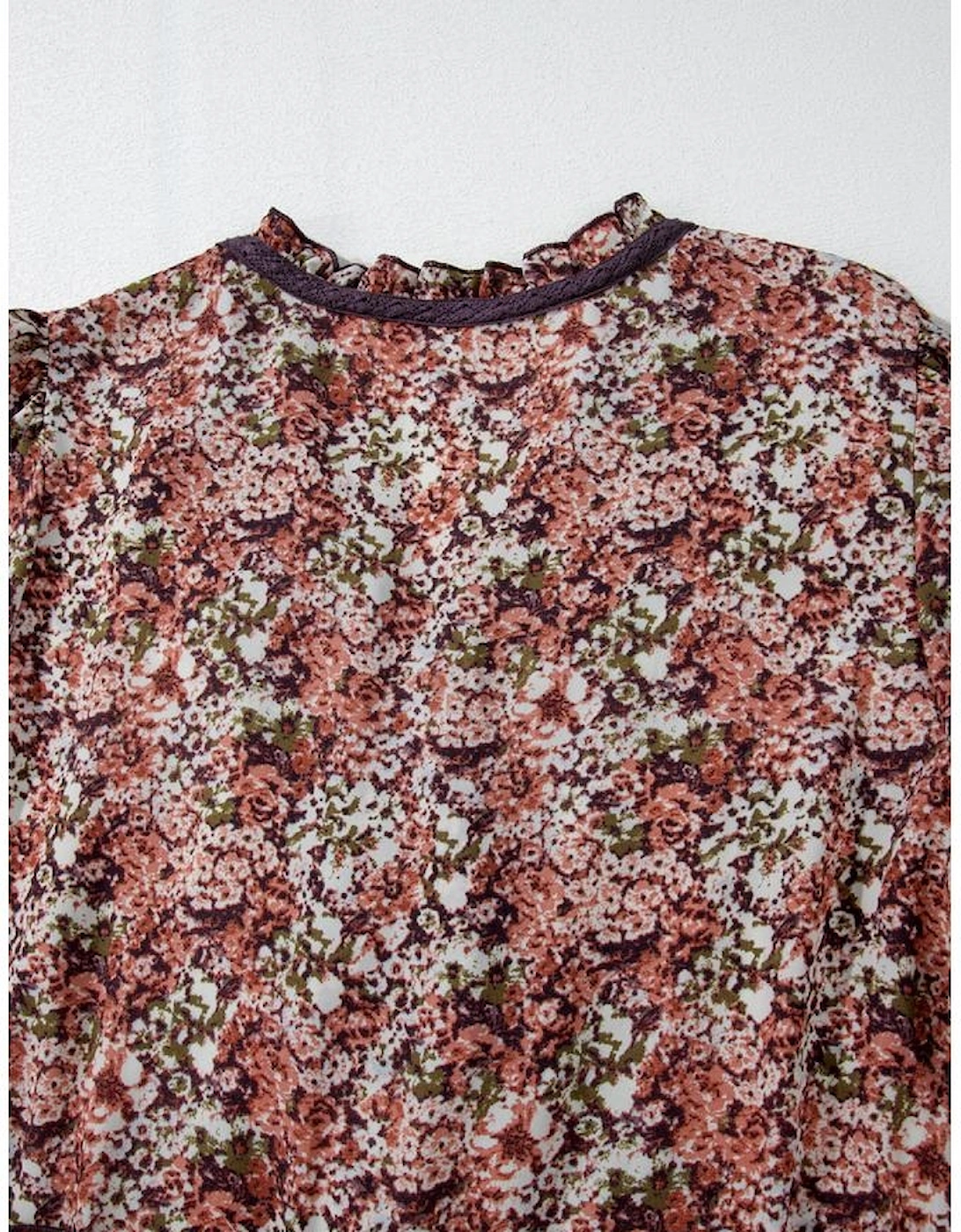 Brown Floral Print Split Front Tiered Frilled V Neck Midi Dress