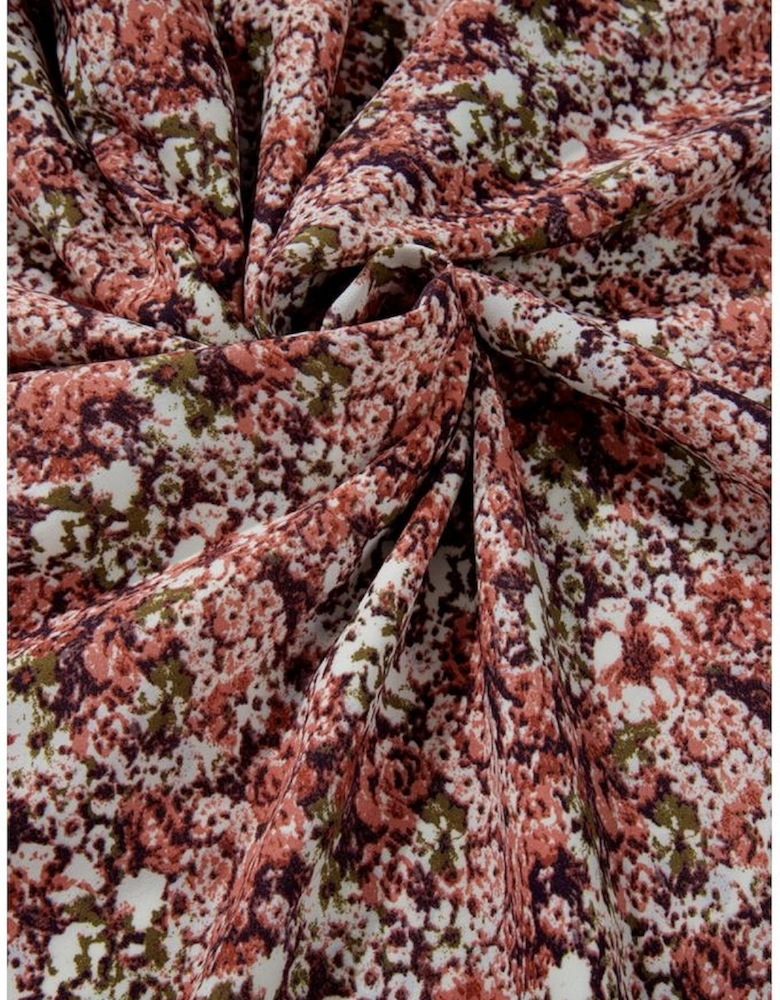 Brown Floral Print Split Front Tiered Frilled V Neck Midi Dress