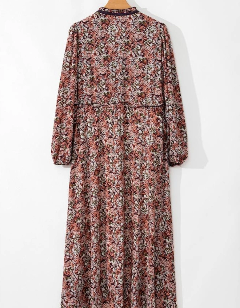 Brown Floral Print Split Front Tiered Frilled V Neck Midi Dress