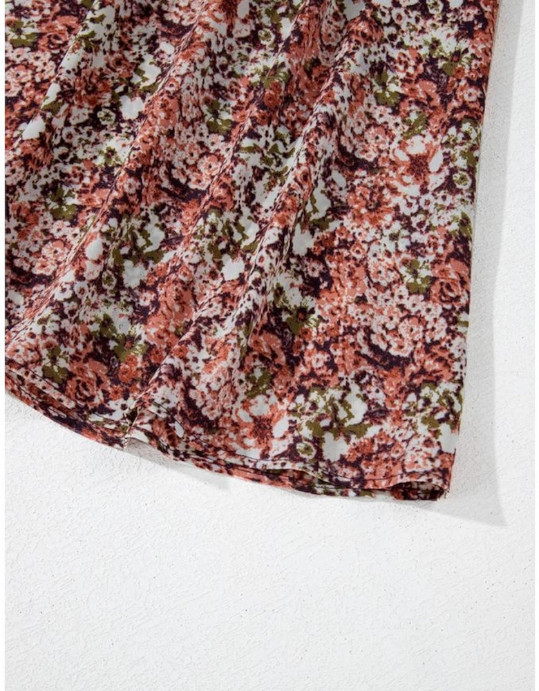 Brown Floral Print Split Front Tiered Frilled V Neck Midi Dress