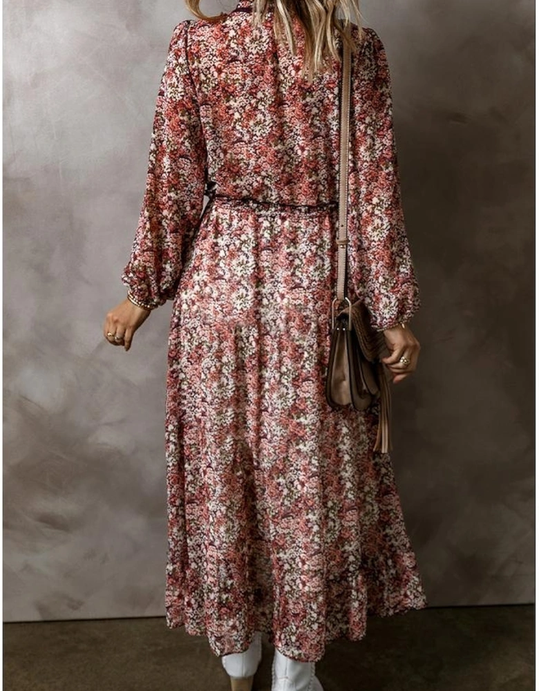 Brown Floral Print Split Front Tiered Frilled V Neck Midi Dress