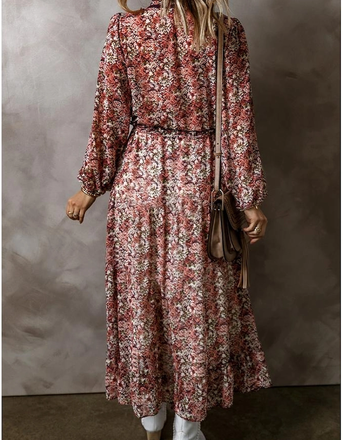 Brown Floral Print Split Front Tiered Frilled V Neck Midi Dress