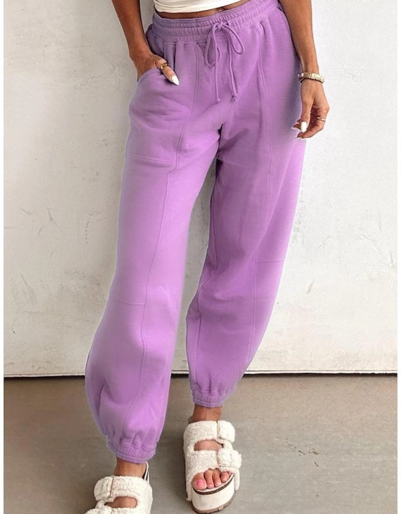 Lilac Drawstring Waist Patchwork Solid Color Jogger Pants