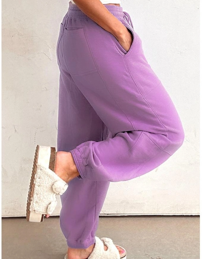 Lilac Drawstring Waist Patchwork Solid Color Jogger Pants