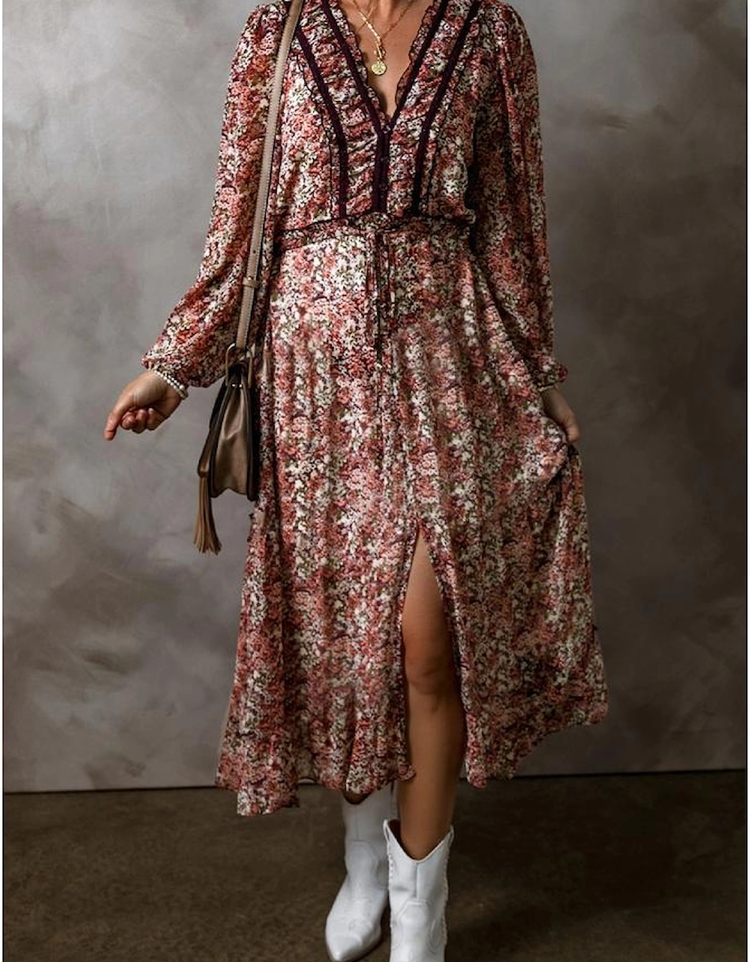 Brown Floral Print Split Front Tiered Frilled V Neck Midi Dress