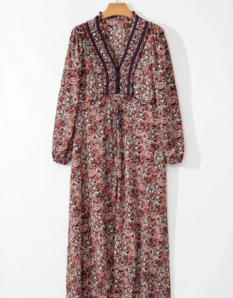 Brown Floral Print Split Front Tiered Frilled V Neck Midi Dress