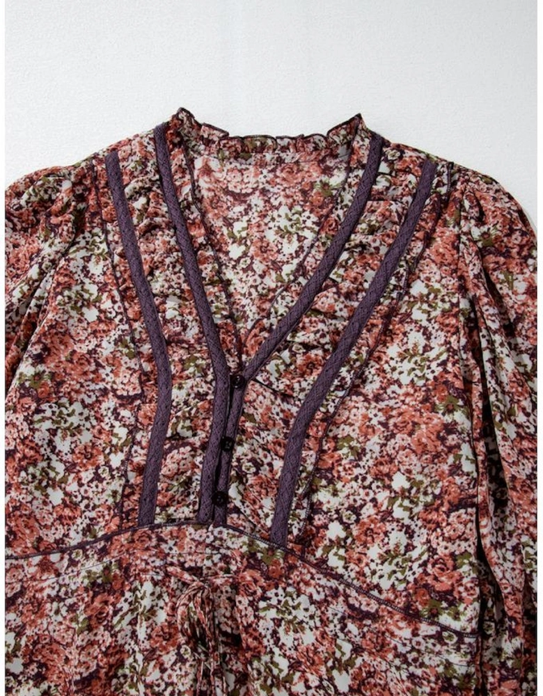 Brown Floral Print Split Front Tiered Frilled V Neck Midi Dress