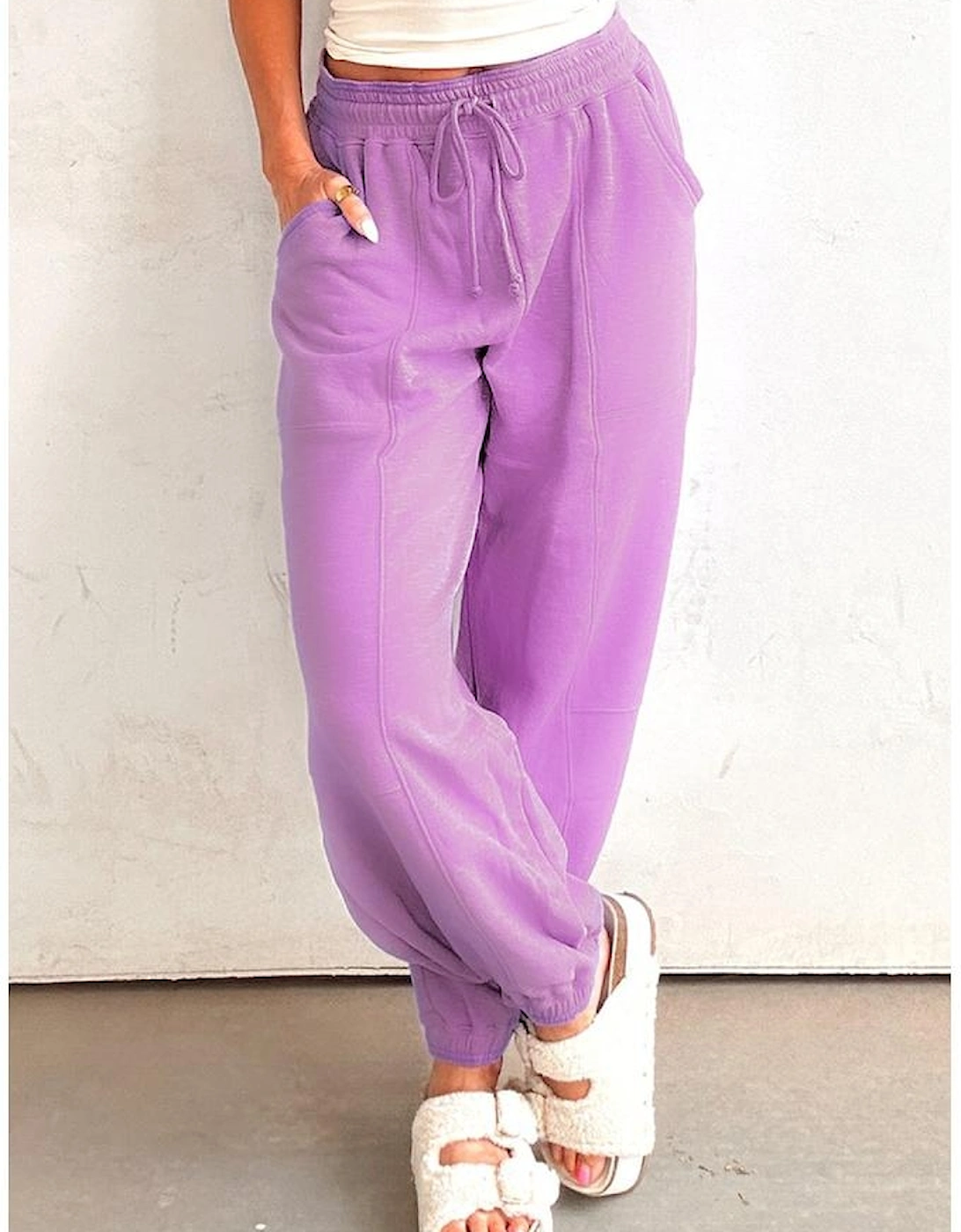 Lilac Drawstring Waist Patchwork Solid Color Jogger Pants