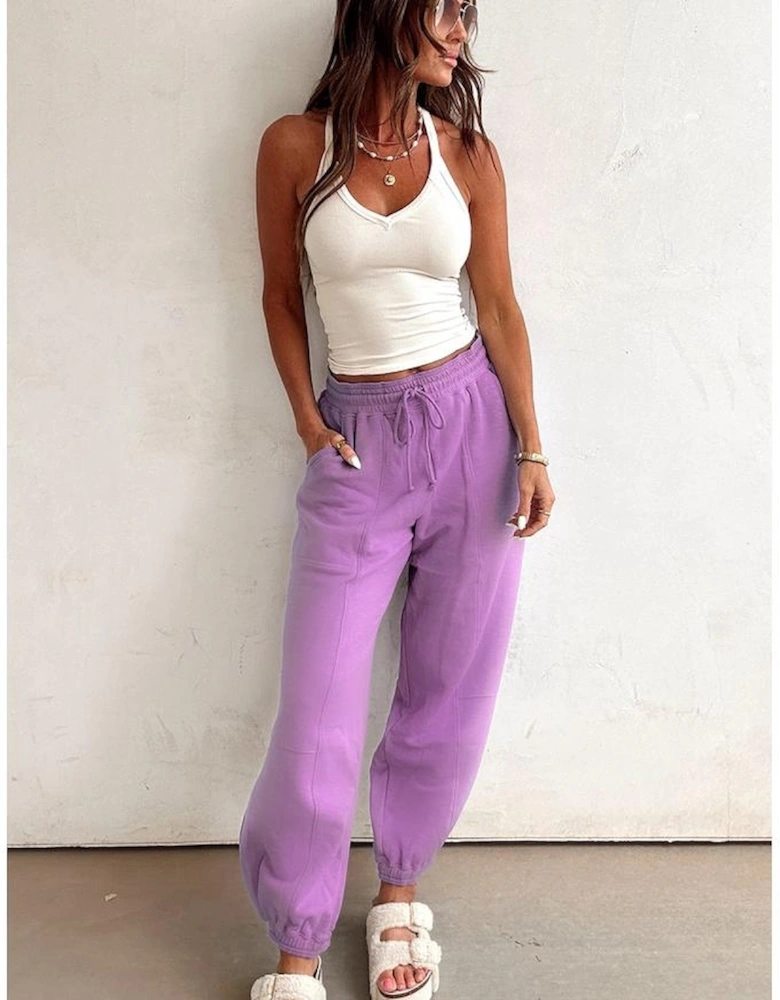 Lilac Drawstring Waist Patchwork Solid Color Jogger Pants