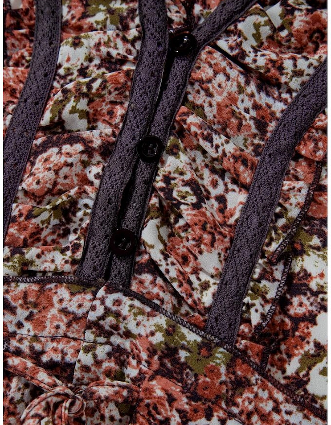 Brown Floral Print Split Front Tiered Frilled V Neck Midi Dress