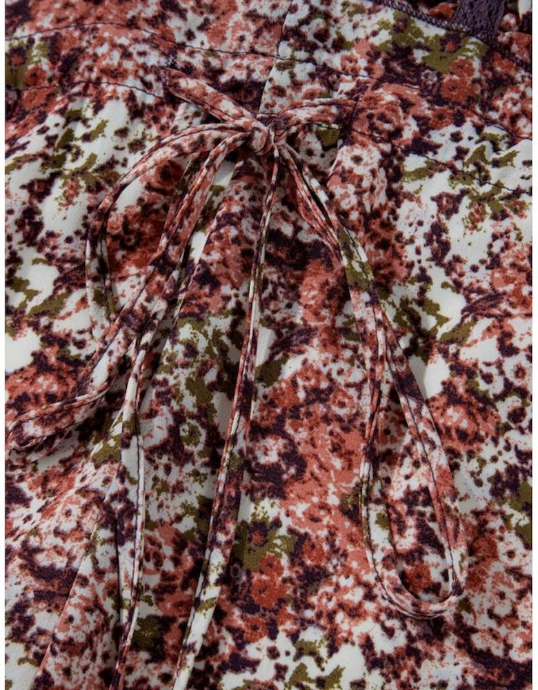 Brown Floral Print Split Front Tiered Frilled V Neck Midi Dress