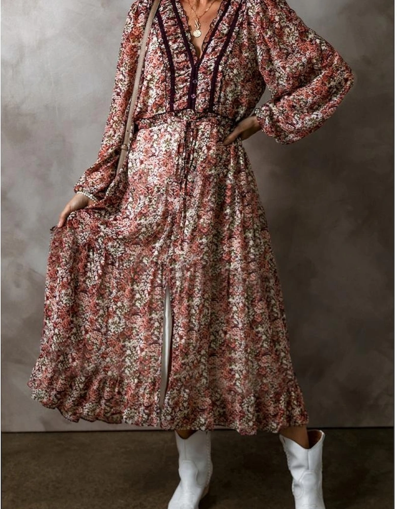 Brown Floral Print Split Front Tiered Frilled V Neck Midi Dress