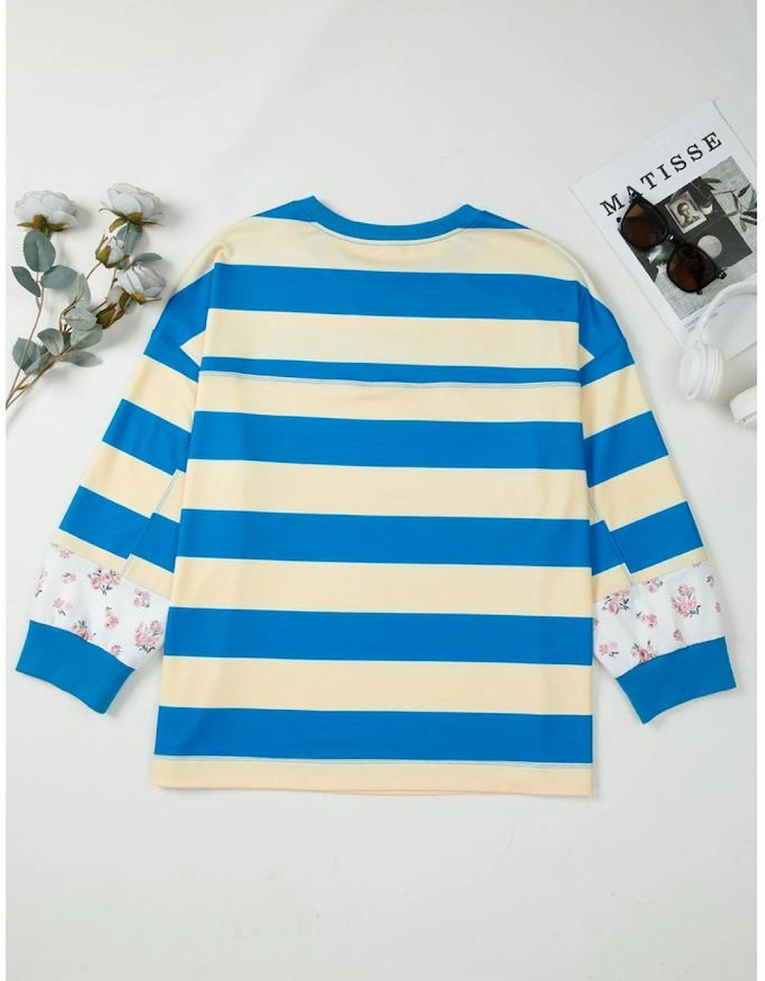 Blue Stripe Floral Color Block Drop Shoulder Plus Size Pullover Top