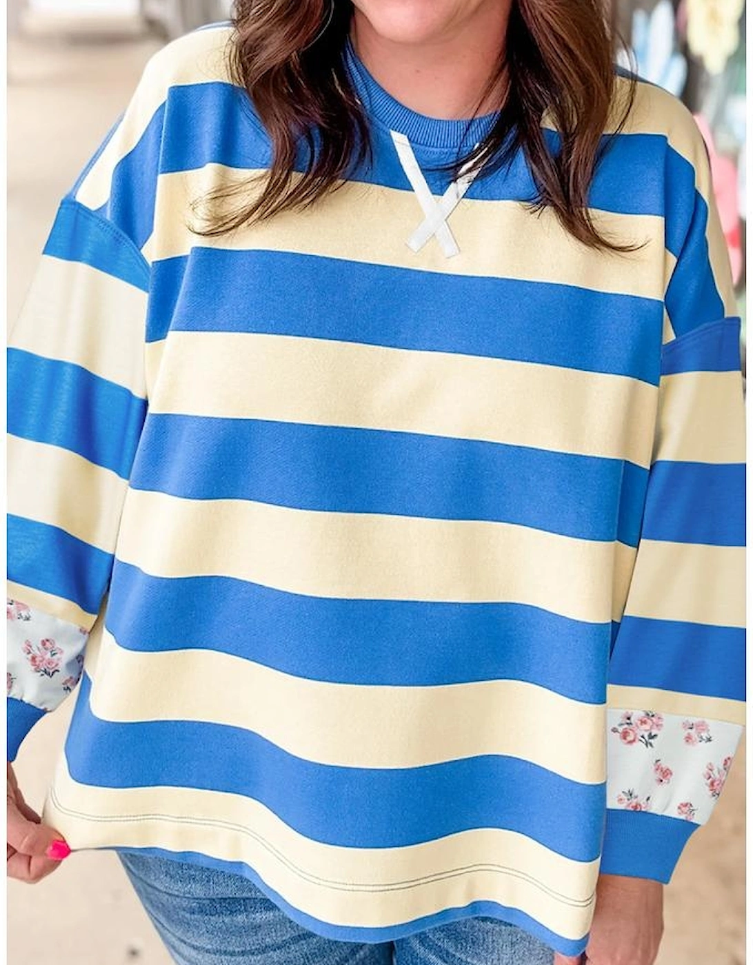 Blue Stripe Floral Color Block Drop Shoulder Plus Size Pullover Top