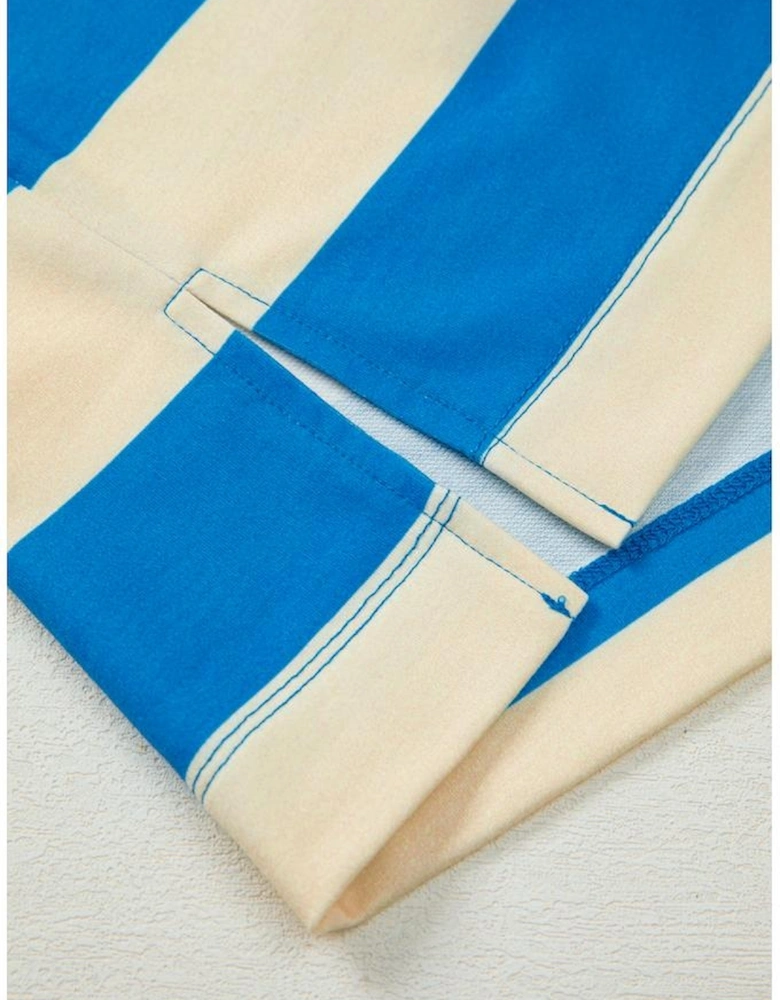 Blue Stripe Floral Color Block Drop Shoulder Plus Size Pullover Top