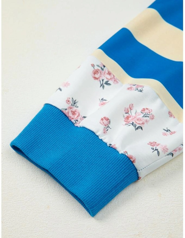 Blue Stripe Floral Color Block Drop Shoulder Plus Size Pullover Top