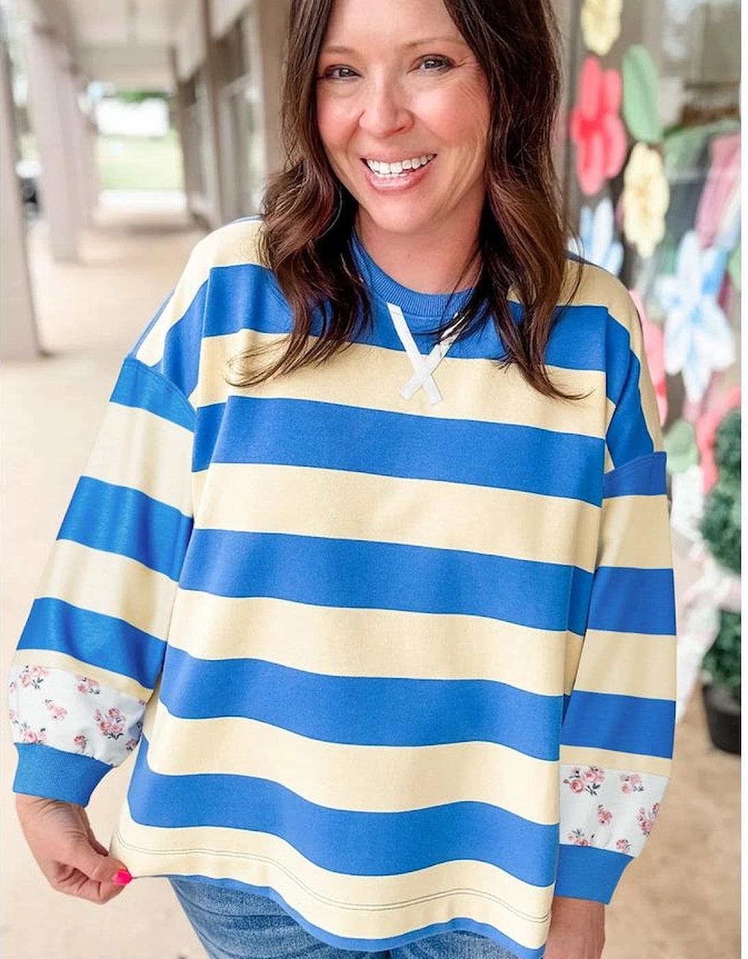 Blue Stripe Floral Color Block Drop Shoulder Plus Size Pullover Top, 10 of 9