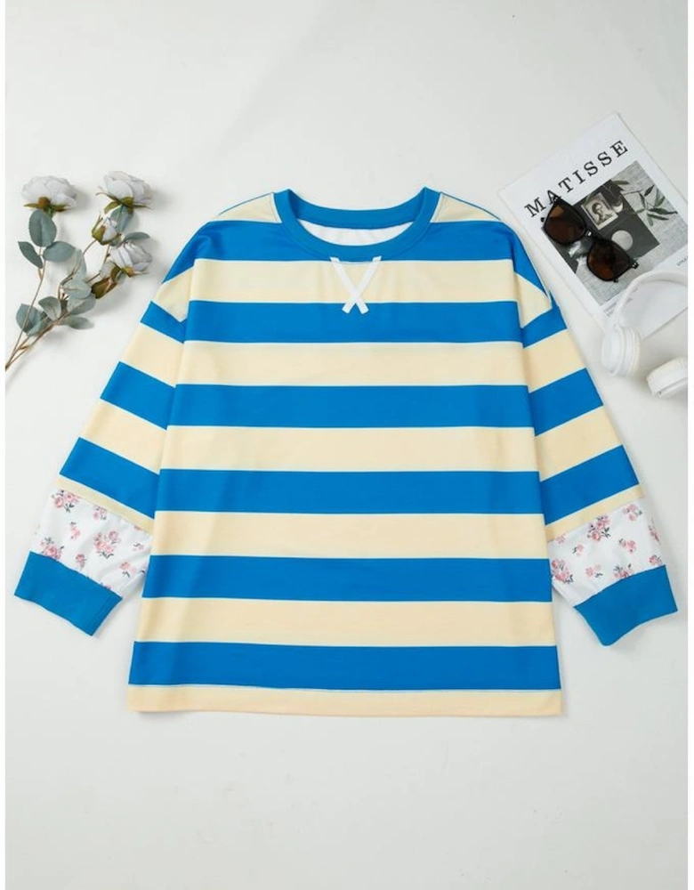 Blue Stripe Floral Color Block Drop Shoulder Plus Size Pullover Top