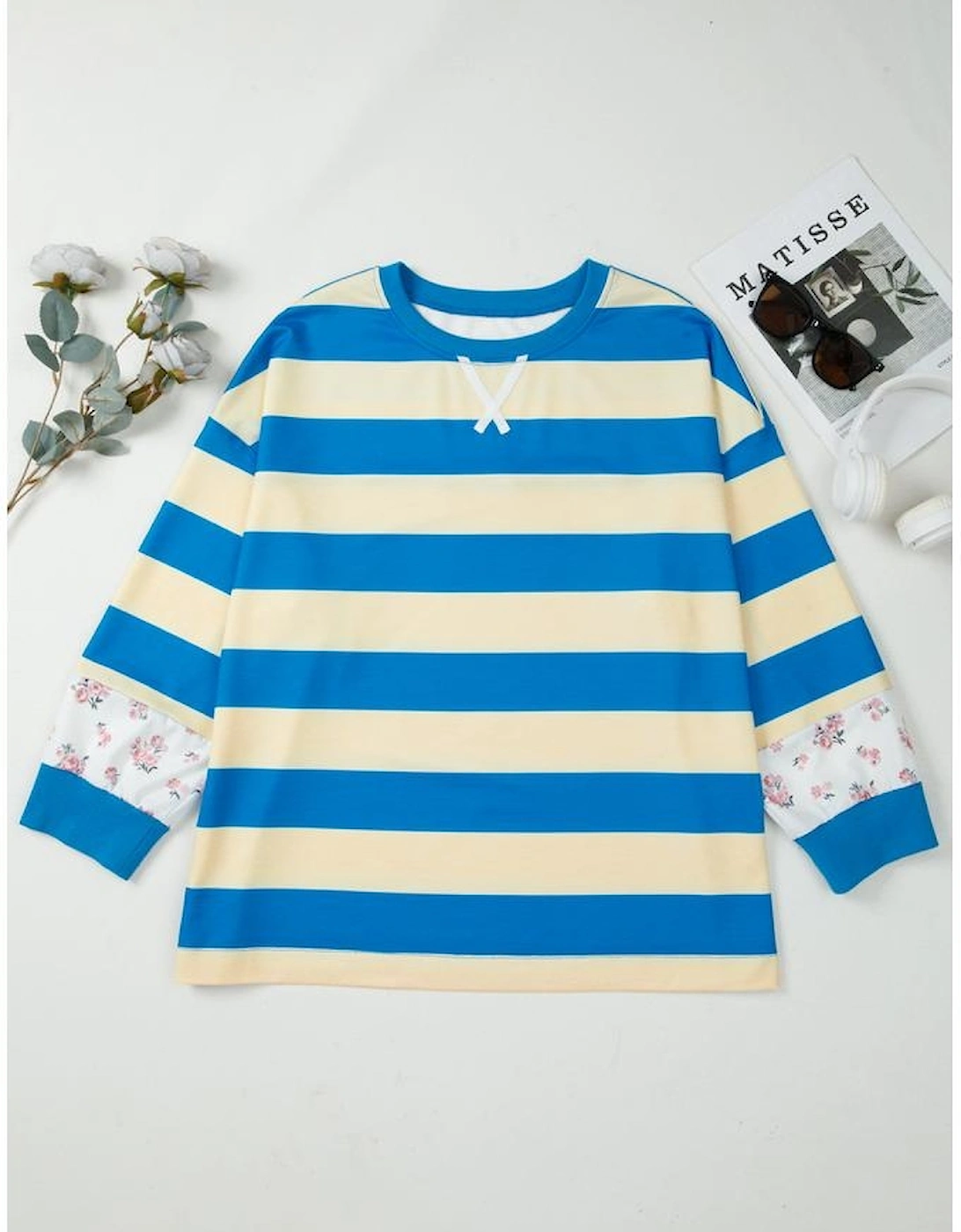 Blue Stripe Floral Color Block Drop Shoulder Plus Size Pullover Top