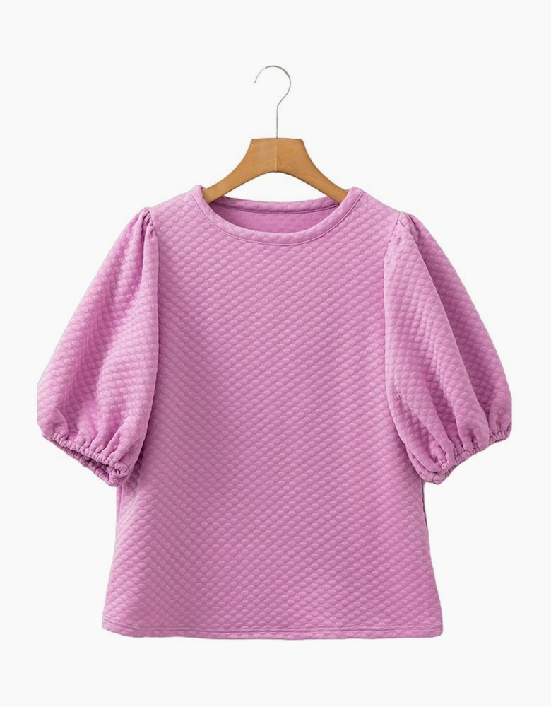 Phalaenopsis Solid Textured O Neck Puff Sleeve Blouse