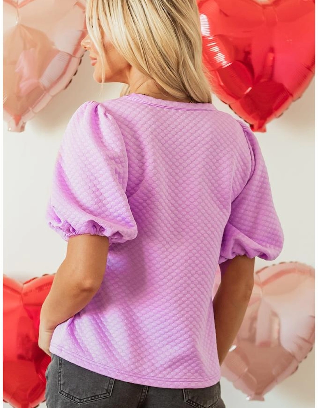 Phalaenopsis Solid Textured O Neck Puff Sleeve Blouse