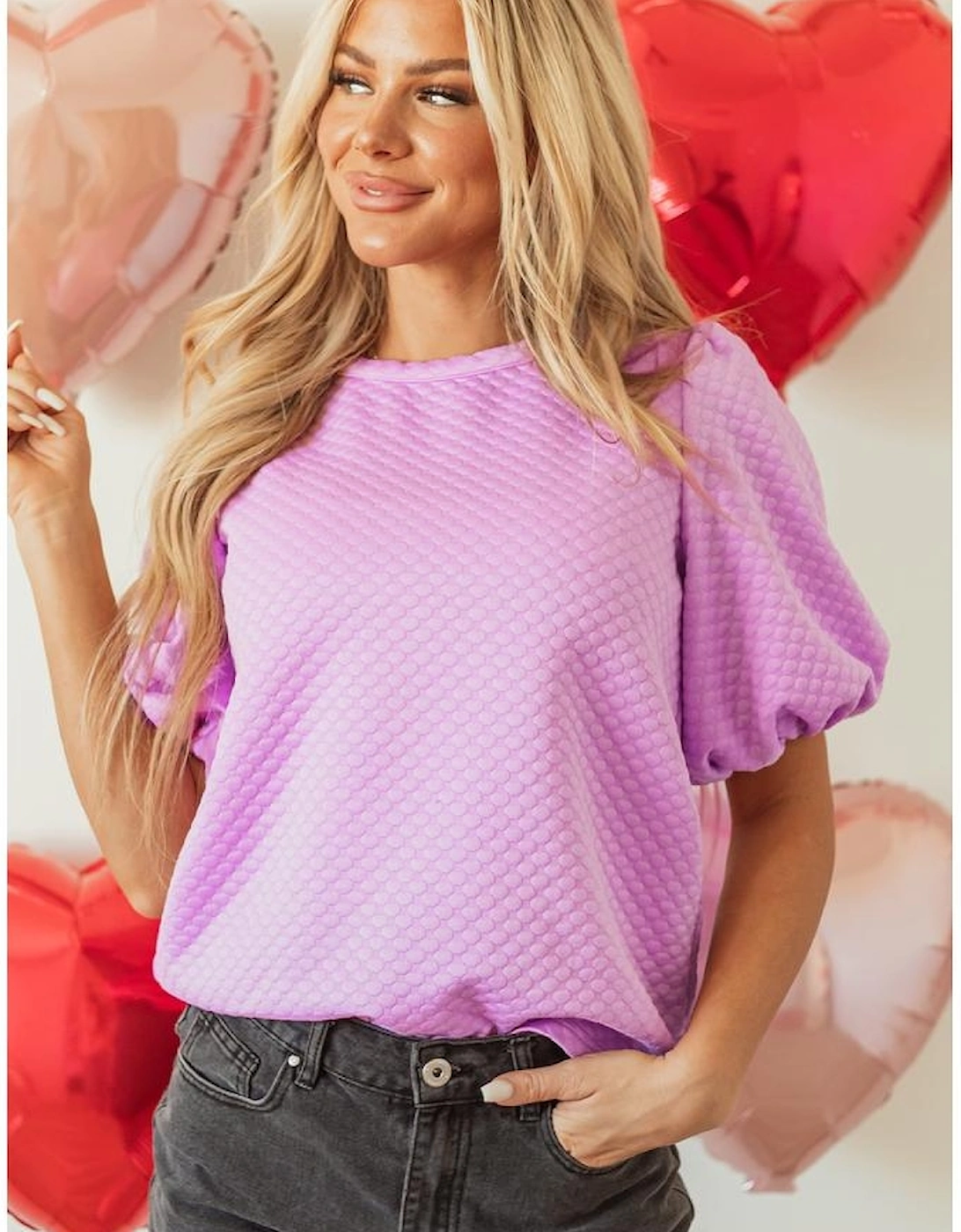Phalaenopsis Solid Textured O Neck Puff Sleeve Blouse