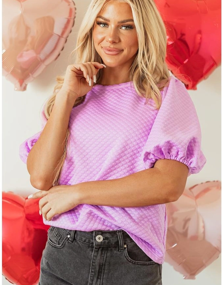 Phalaenopsis Solid Textured O Neck Puff Sleeve Blouse