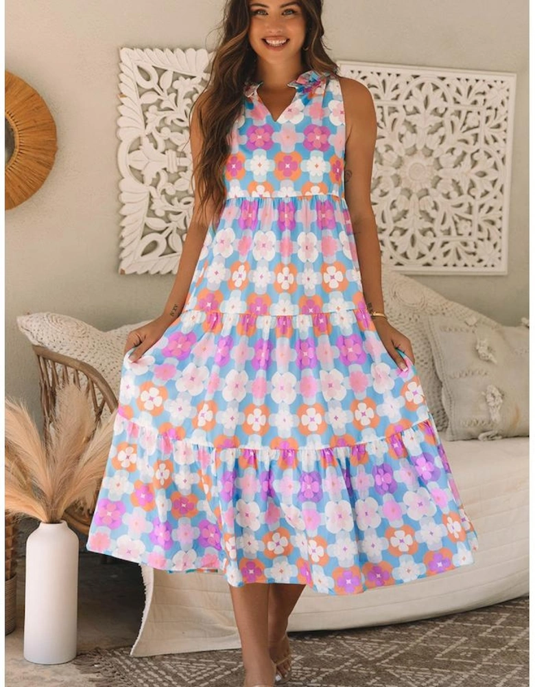 Sky Blue Floral Print Frilly Neck Sleeveless Tiered Maxi Dress