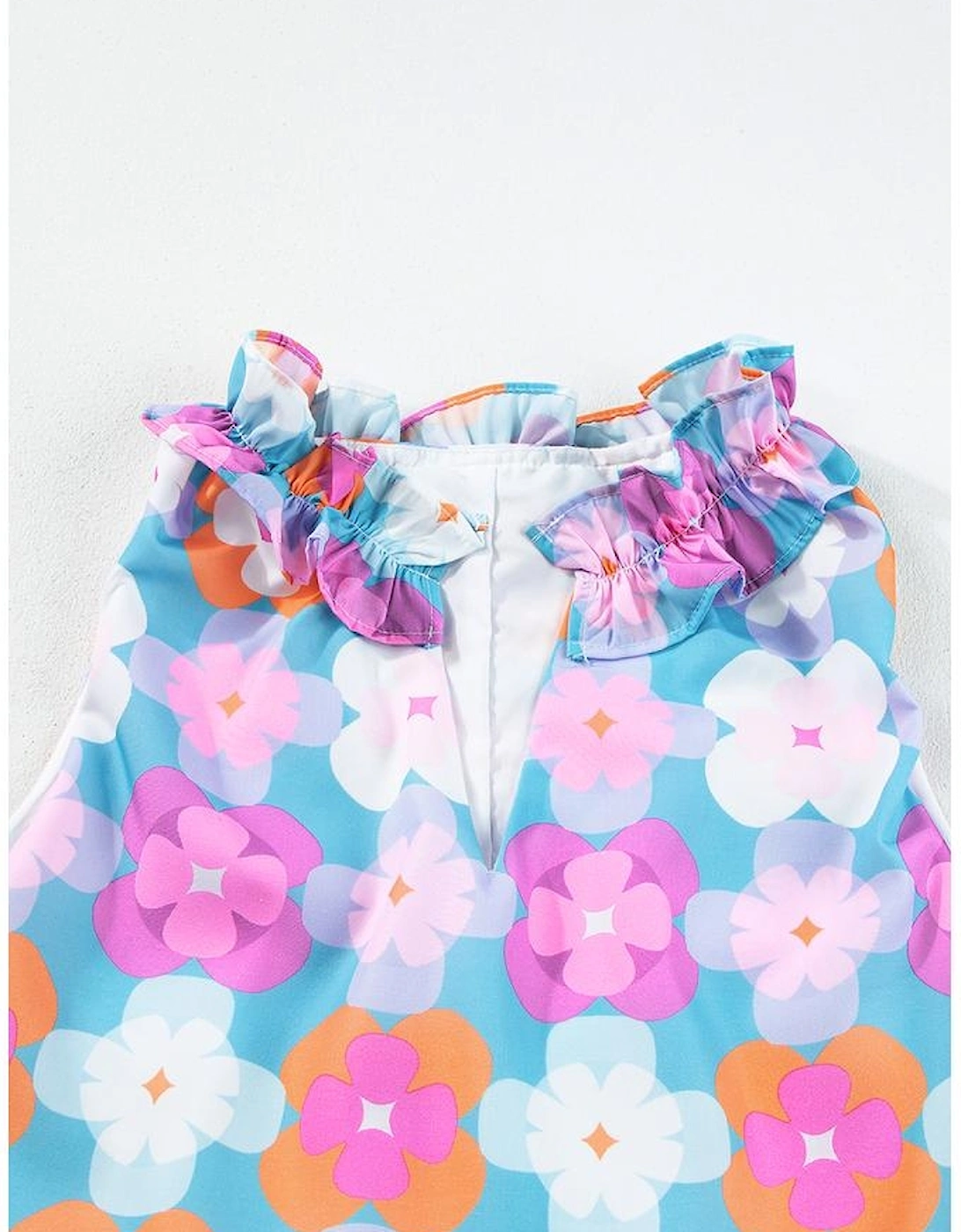 Sky Blue Floral Print Frilly Neck Sleeveless Tiered Maxi Dress