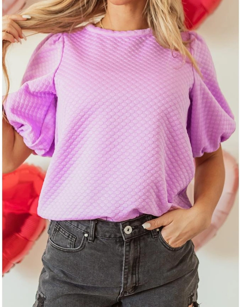 Phalaenopsis Solid Textured O Neck Puff Sleeve Blouse