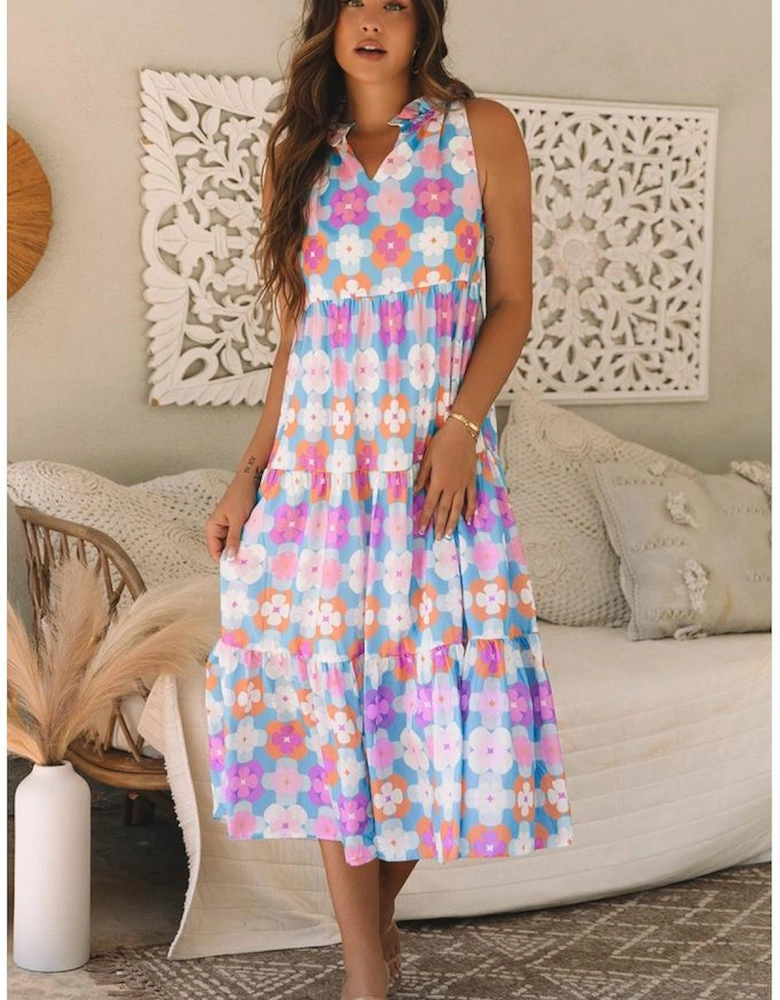 Sky Blue Floral Print Frilly Neck Sleeveless Tiered Maxi Dress