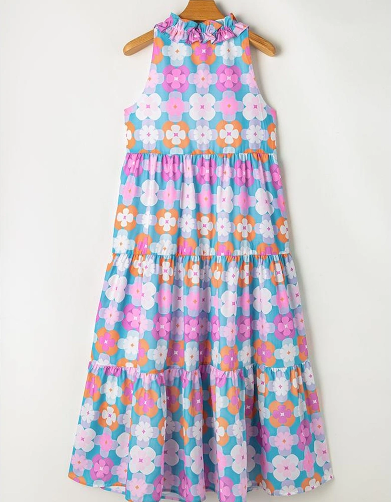 Sky Blue Floral Print Frilly Neck Sleeveless Tiered Maxi Dress