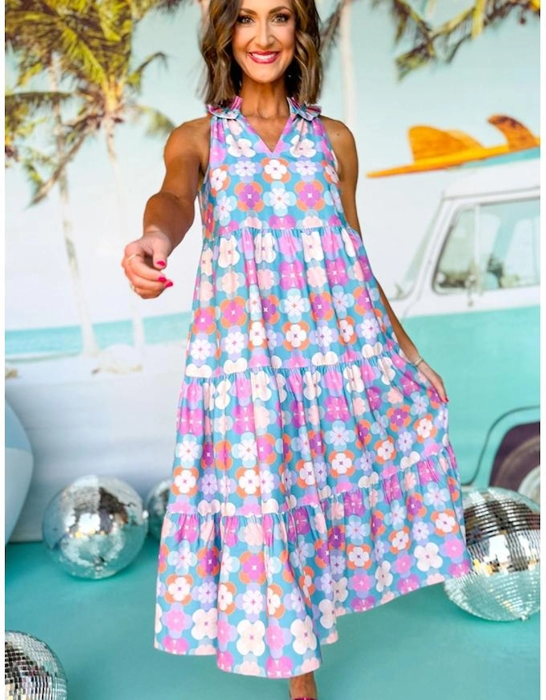 Sky Blue Floral Print Frilly Neck Sleeveless Tiered Maxi Dress