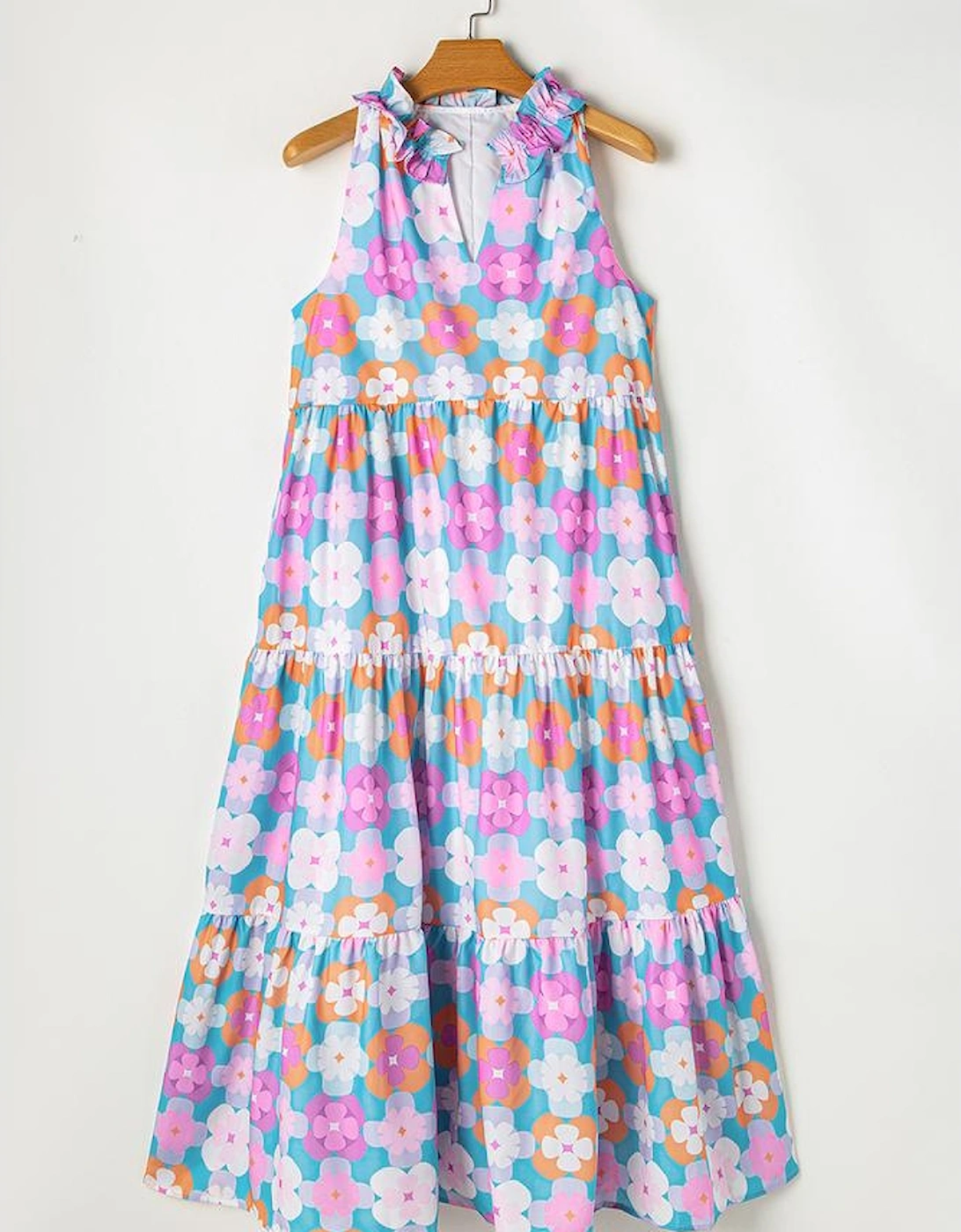 Sky Blue Floral Print Frilly Neck Sleeveless Tiered Maxi Dress