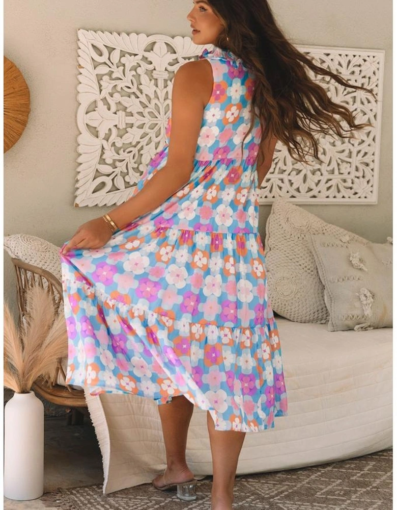 Sky Blue Floral Print Frilly Neck Sleeveless Tiered Maxi Dress