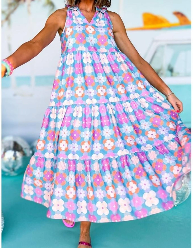 Sky Blue Floral Print Frilly Neck Sleeveless Tiered Maxi Dress