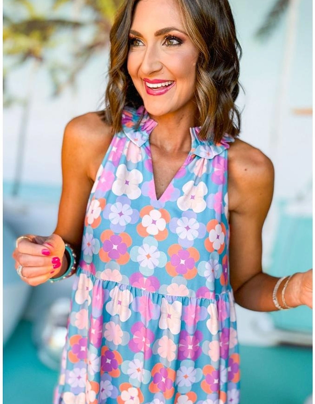 Sky Blue Floral Print Frilly Neck Sleeveless Tiered Maxi Dress