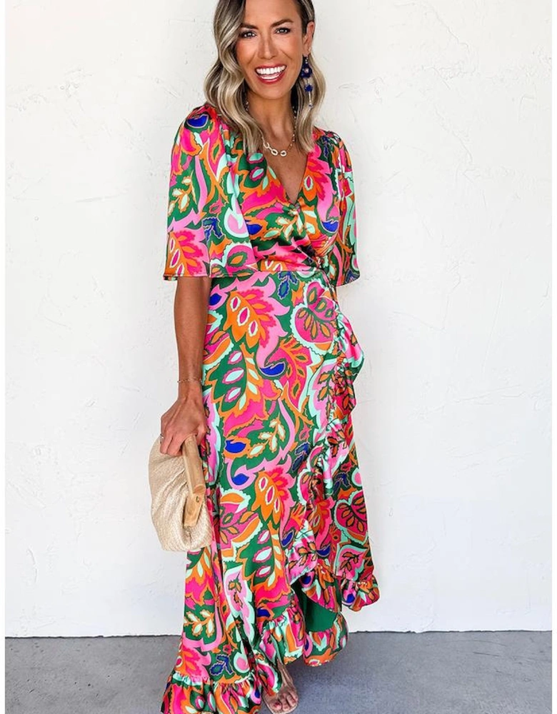 Rose Summer Plant Print Surpliced V Neck Ruffled Asymmetric Slit Wide Short Sleeve Maxi Dress