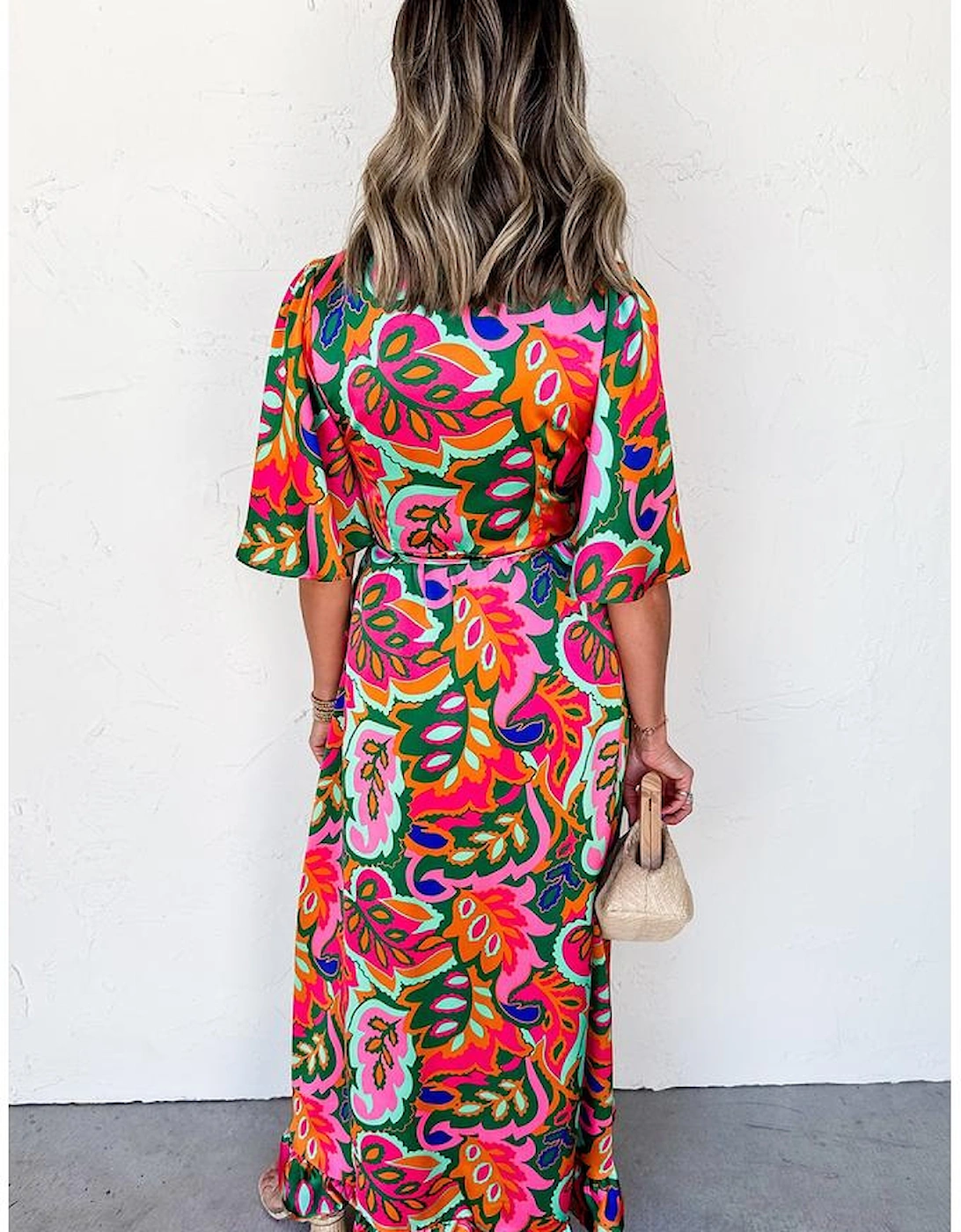Rose Summer Plant Print Surpliced V Neck Ruffled Asymmetric Slit Wide Short Sleeve Maxi Dress, 8 of 7