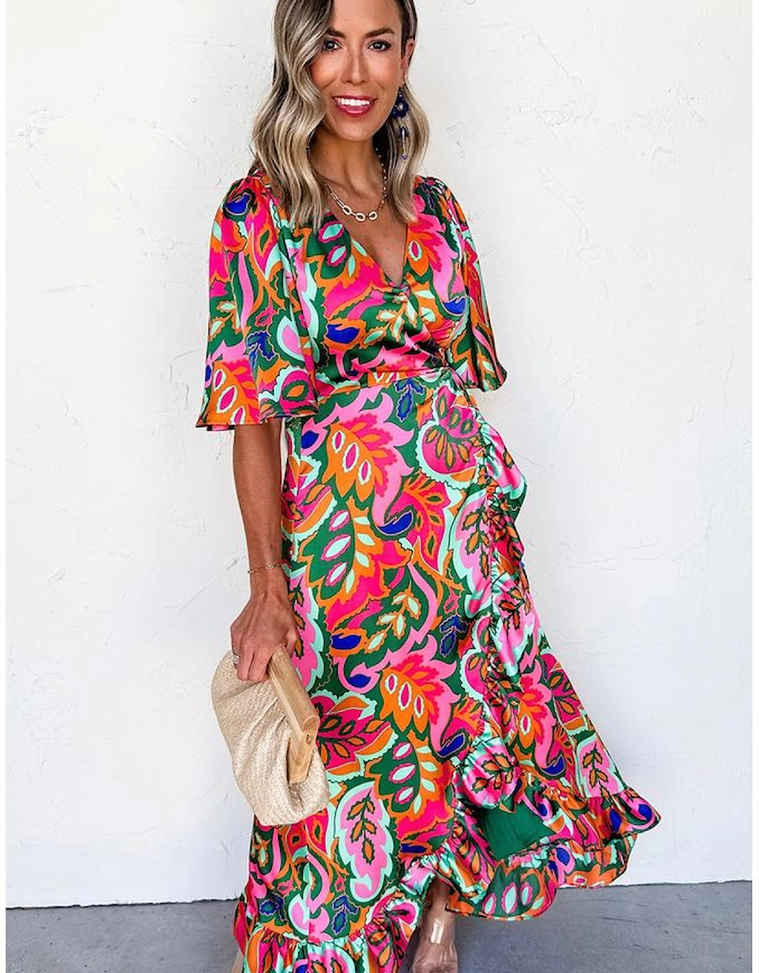 Rose Summer Plant Print Surpliced V Neck Ruffled Asymmetric Slit Wide Short Sleeve Maxi Dress