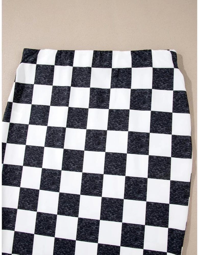 White Checkered Print Side Slit High Waist Midi Skirt