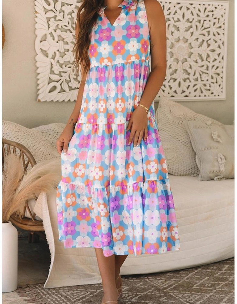 Sky Blue Floral Print Frilly Neck Sleeveless Tiered Maxi Dress